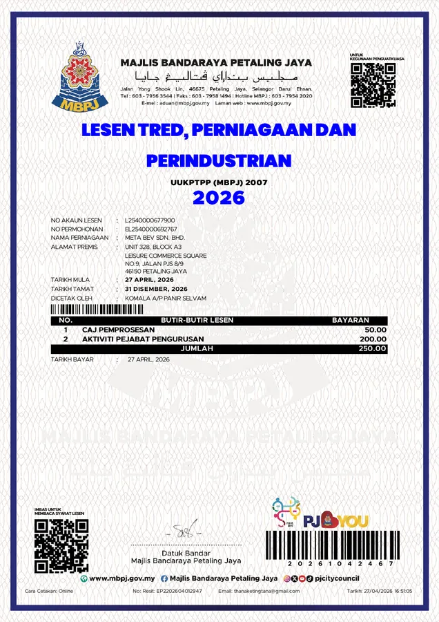 Meta Bev 2026 MPPJ business licence